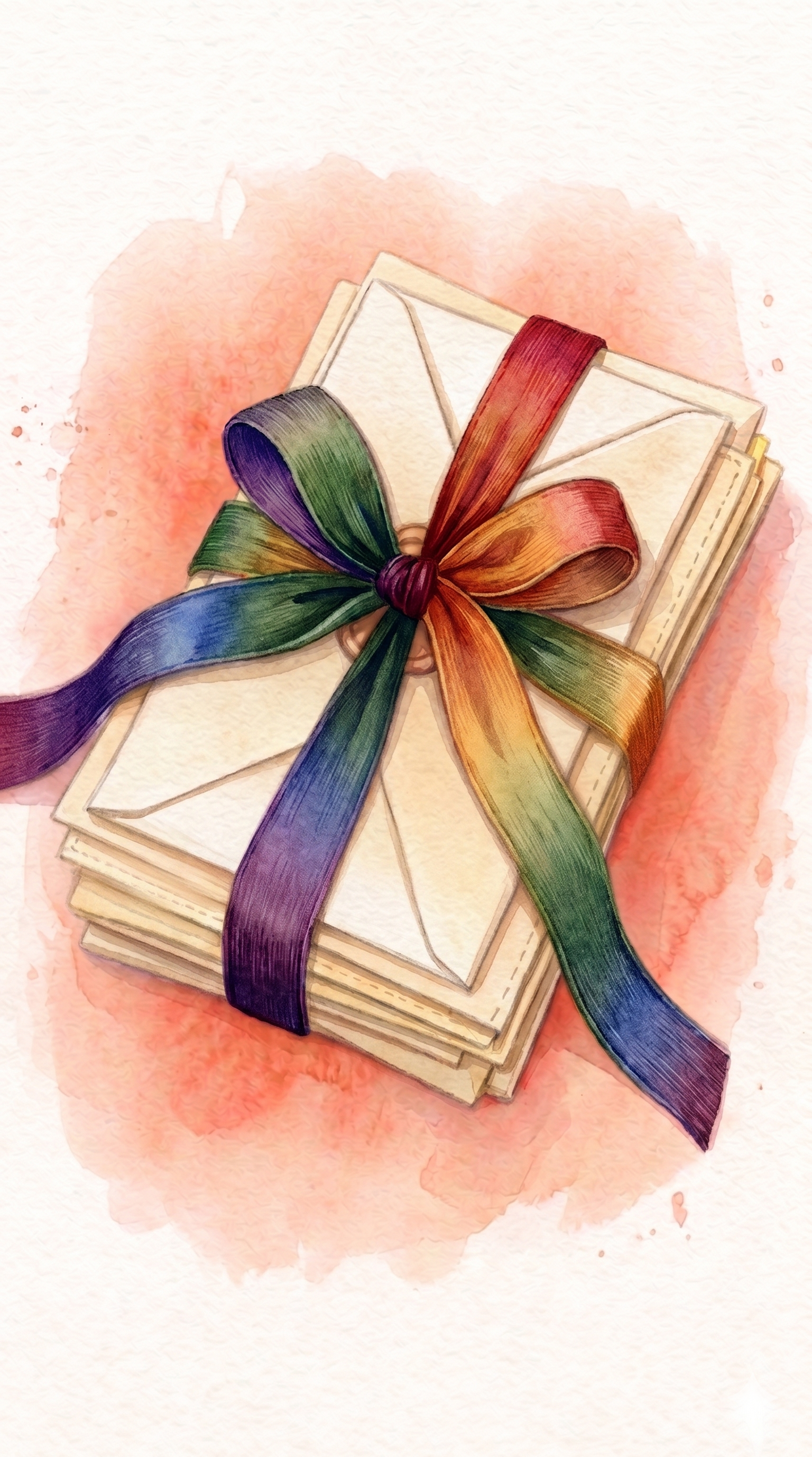 A watercolor stack of cream envelopes bound with a rainbow Pride flag ribbon — Pride Wrapped