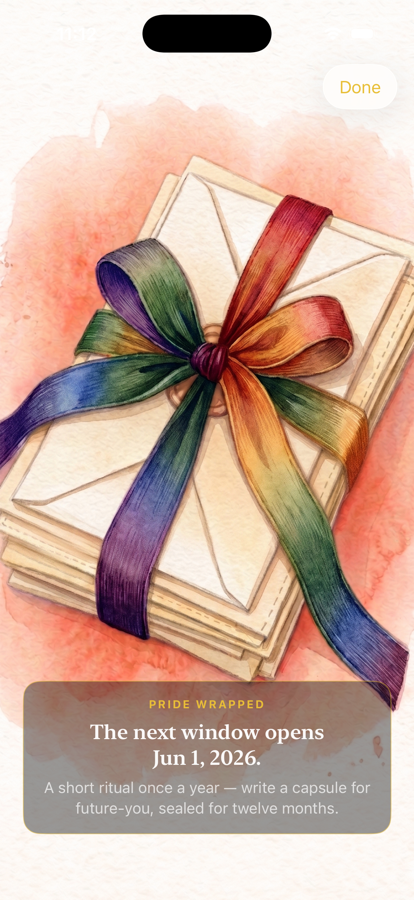 Watercolor of a bundle of cream envelopes bound with a rainbow Pride flag ribbon on a peach wash. Caption: The next window opens Jun 1, 2026.