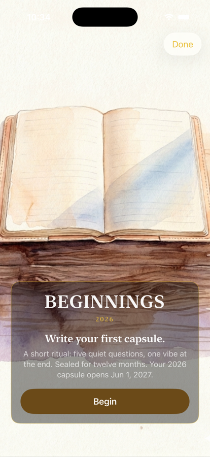 Watercolor of an open journal above a wood-grain band with the BEGINNINGS wordmark and a Begin button.