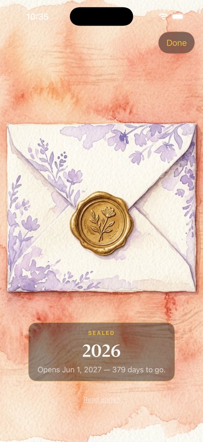 Watercolor of a lavender-floral envelope with a gold wax seal on a coral wash. Caption: Sealed 2026, opens Jun 1 2027 — 379 days to go.