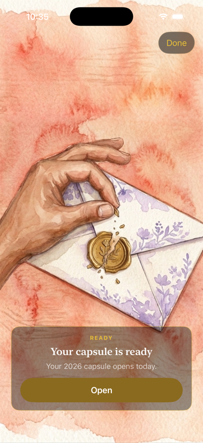 Watercolor of a hand breaking the wax seal on the lavender envelope. Caption: Your capsule is ready. Open button.