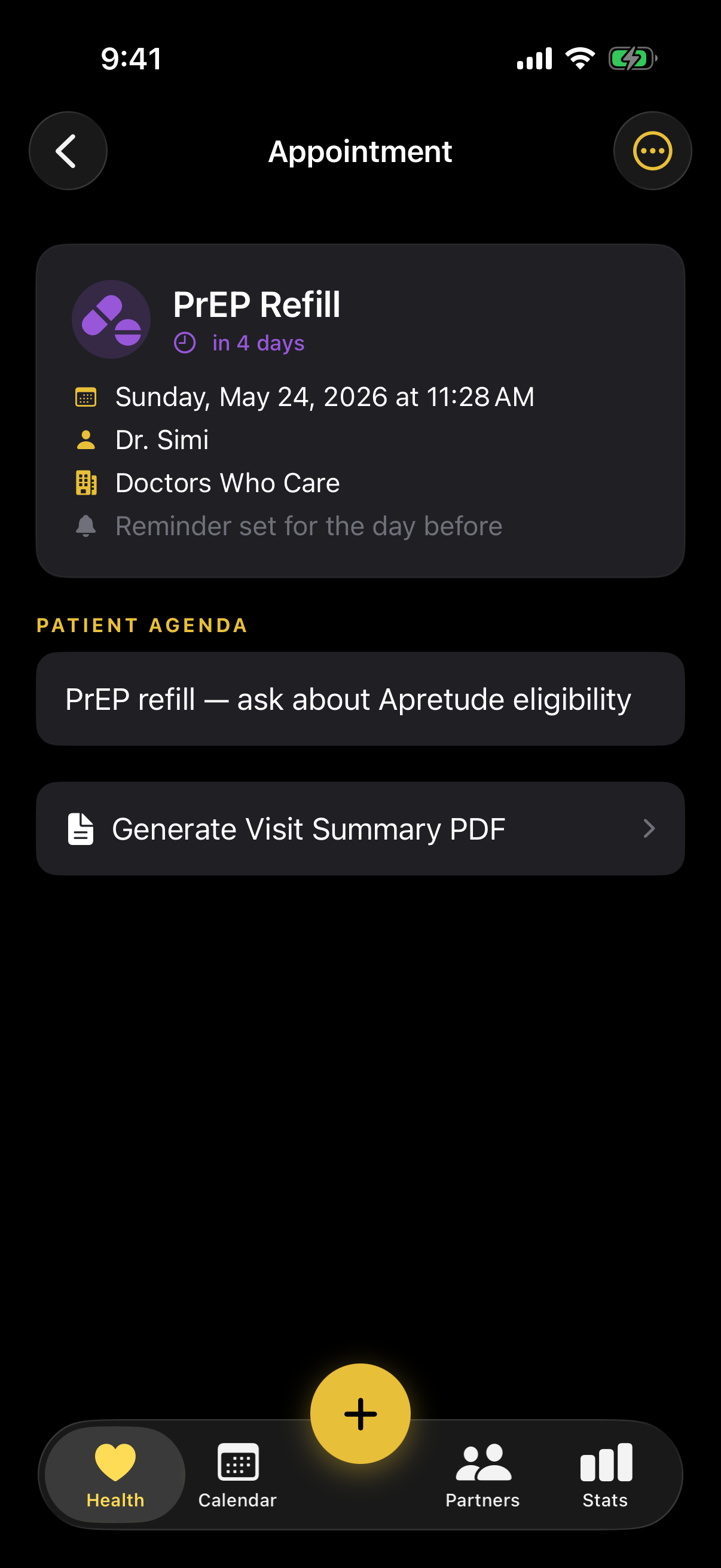 XtrkR Appointment detail showing Patient Agenda and Generate Visit Summary PDF